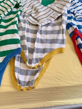 Baby Boden Gray & White Striped Bodysuit with Yellow Trim